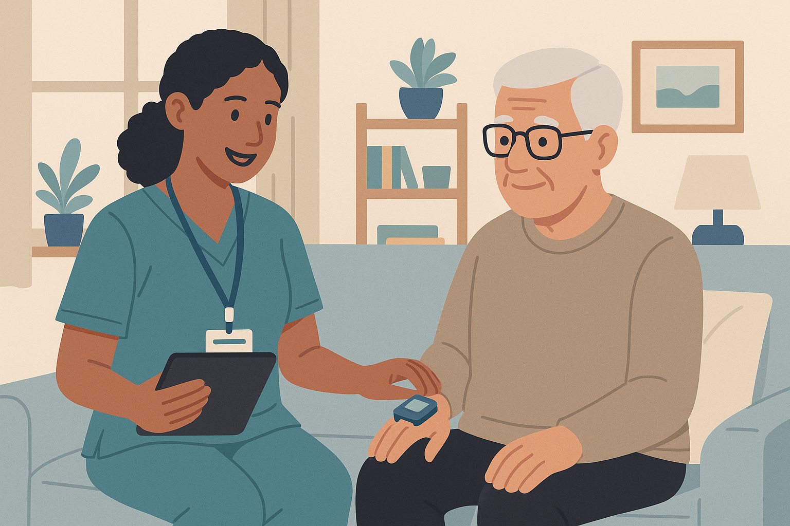 Home health nurse using mobile app in patient's living room